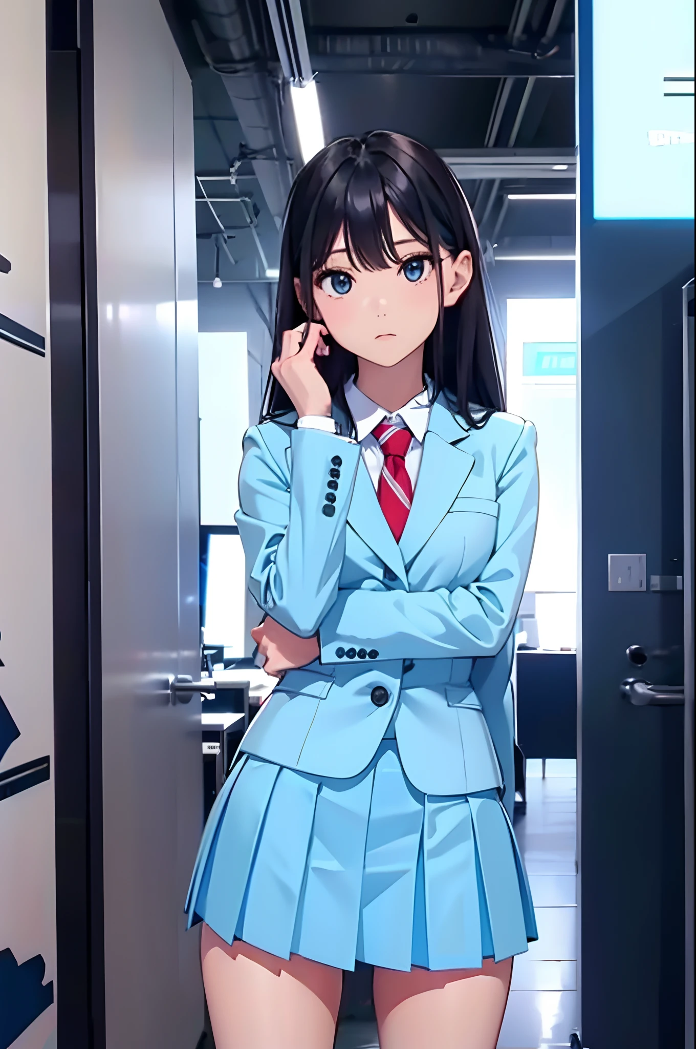 standing, wearing light blue office suit, skirt, high res, ultrasharp, 8K, masterpiece, looking at viewer