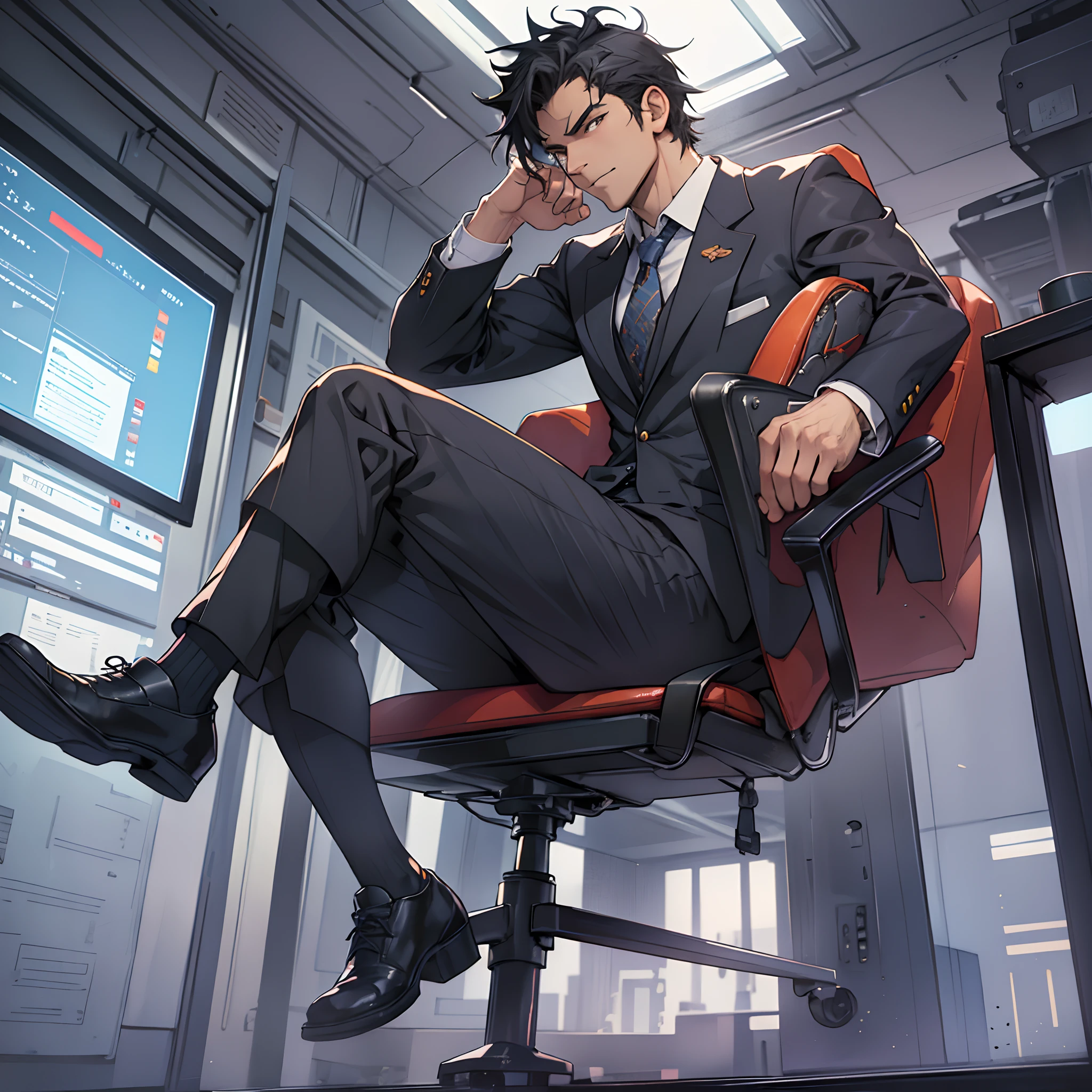 Un homme en costume et chaussures en cuir est assis sur une chaise de bureau，les pieds en haut，style d&#39;anime, mise au point masculine，les pieds，tic，gros pectoraux，gros sac，Portez des chaussettes de basket blanches，À moitié couché，Sens CG，Point de vue du point de vue，écarter les jambes，Ambiance sombre，8k,Effets d&#39;éclairage cinématographiques，peau texturée，meilleure qualité，Images narratives，Images narratives，flou dynamique，actionpose，Angle de vue en élévation，officiel，orteils，Costume d&#39;affaires，Dans le soleil,bureau，assis，cheveux courts et détaillés