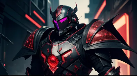 universe style void knight of the kingdom with a black armour and a red core in the chest, red gems incrusted in armour, cyberpunk