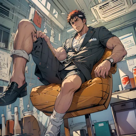 A man in a suit and leather shoes sits in an office chair，Feet up，style of anime, malefocus，the feet，tiese，large pecs，Big bag，We...