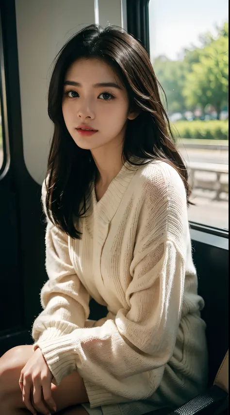 High-res, Realistic portrait of professional Chinese university campus lady with perfect skin，The breath of life should emphasize her sitting and lying postures，Beautiful woman sitting on the high-speed train，Looking out the window，Wear a long black dress，...
