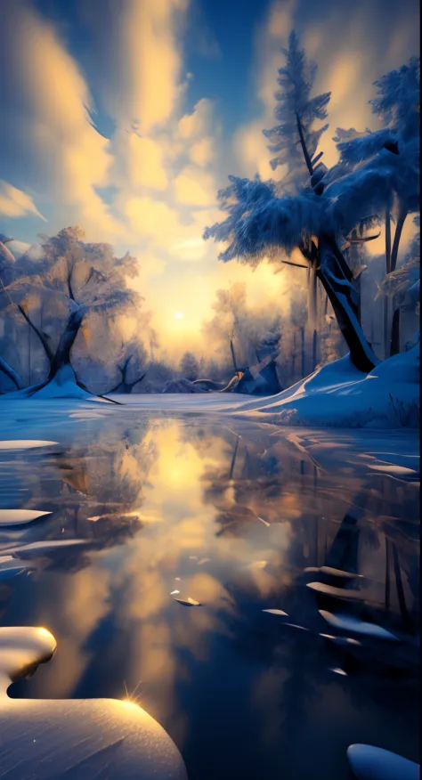 A high resolution，ultra - detailed，offcial art，统一 8k 壁纸，ultra - detailed，Beauty and aesthetics，Master masterpieces，best qualtiy，reality, Winter dawn, The trees are covered with ice crystals, The branches are bent due to squeezing，There was fog in the woods...