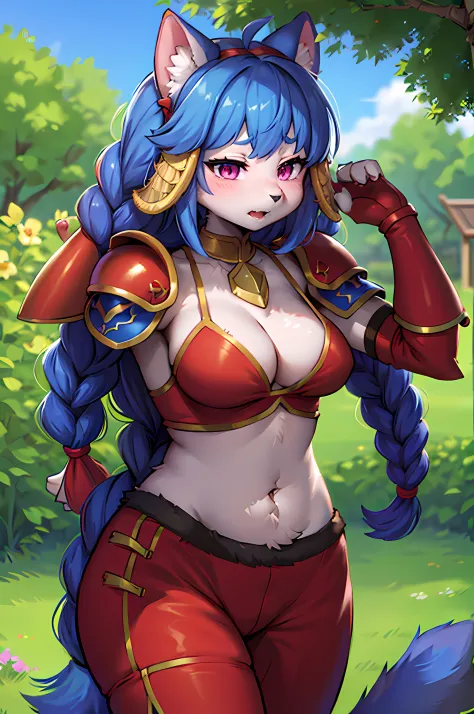 Furry,Dog girl,Lapis Lazuli Fei, 1girll, Solo, view the viewer, Blush, bangs, mitts, Upper body, Braid, shairband, Outdoors, parted lip, sky, day, Hand up, Pink eyes, Armor, tree, covered navel, The background is blurred out, hand on her own chest, Shoulde...