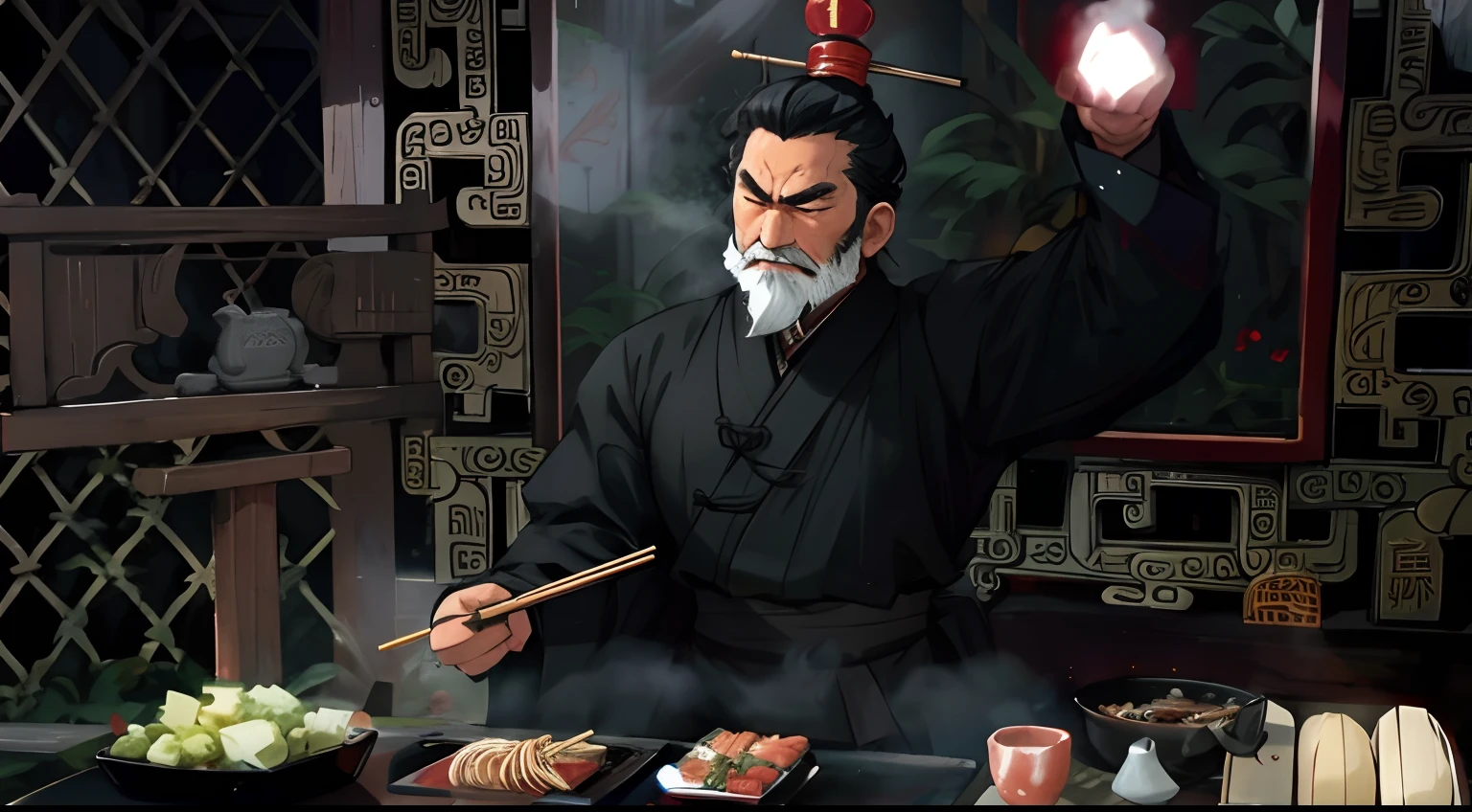 Мужчина в черном держит палочки для еды,Древние，Древний китайский，борода， Злой взгляд，