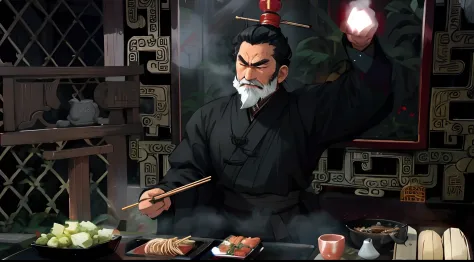 The man in black holds chopsticks,Ancients，Ancient Chinese，lbeard， angry look，
