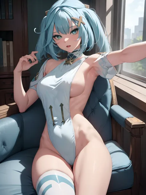 ((top quality, 8k, masterpiece: 1.3, ultra hd, high quality, best quality, high definition, realism)), sharp focus: 1.5, Beautiful girl with thin and skinny body, thin and skinny body, small breast, Light blue hair, green eye color with light Gradation, Er...