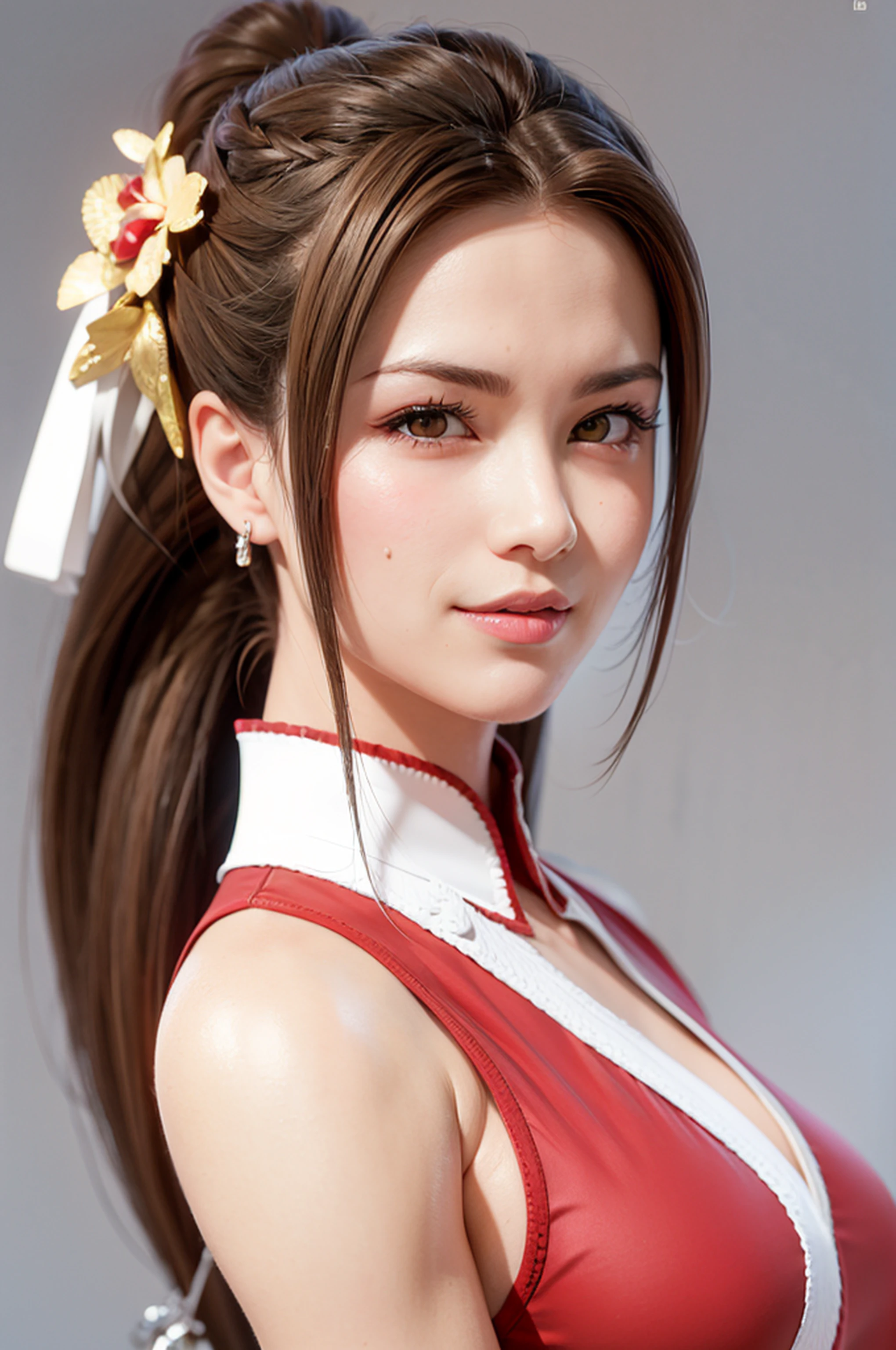 Mai Shiranui, beautiful and calm face. Ivory eyes, small-nose, perfectly arched eyebrows, and minor. She's got her hair tied up in a braid, and a choker bracelet securing the wires. a special shine, as if radiant. Eyelashes are long and beautiful, Long eyelashes, and the eye has a slightly Asian shape. The face is immaculate and wrinkle-free, and appears to be small and attractive. His nose is small and straight, in a perfect shape. Your mouth is small, with lips that are a little thick. Her long brown hair is tied up in a braid, with some loose strands around the forehead. Your face is lit up by the sun, that's downloading, And you've got a seductive twinkle in your eye. She has fair skin, but a very beautiful shine, And it's shining with the sun. The skin appears to be well cared for, and it looks soft, as if it were silky. has an oval face, with round and slightly red cheeks. Your chin is straight and attractive, And you've got a slight flush on your cheeks. Your face has a perfect fit, And you've got two nice, well-rounded jaws. Your eyes stand out, And his smiley expression is very pleasant.
