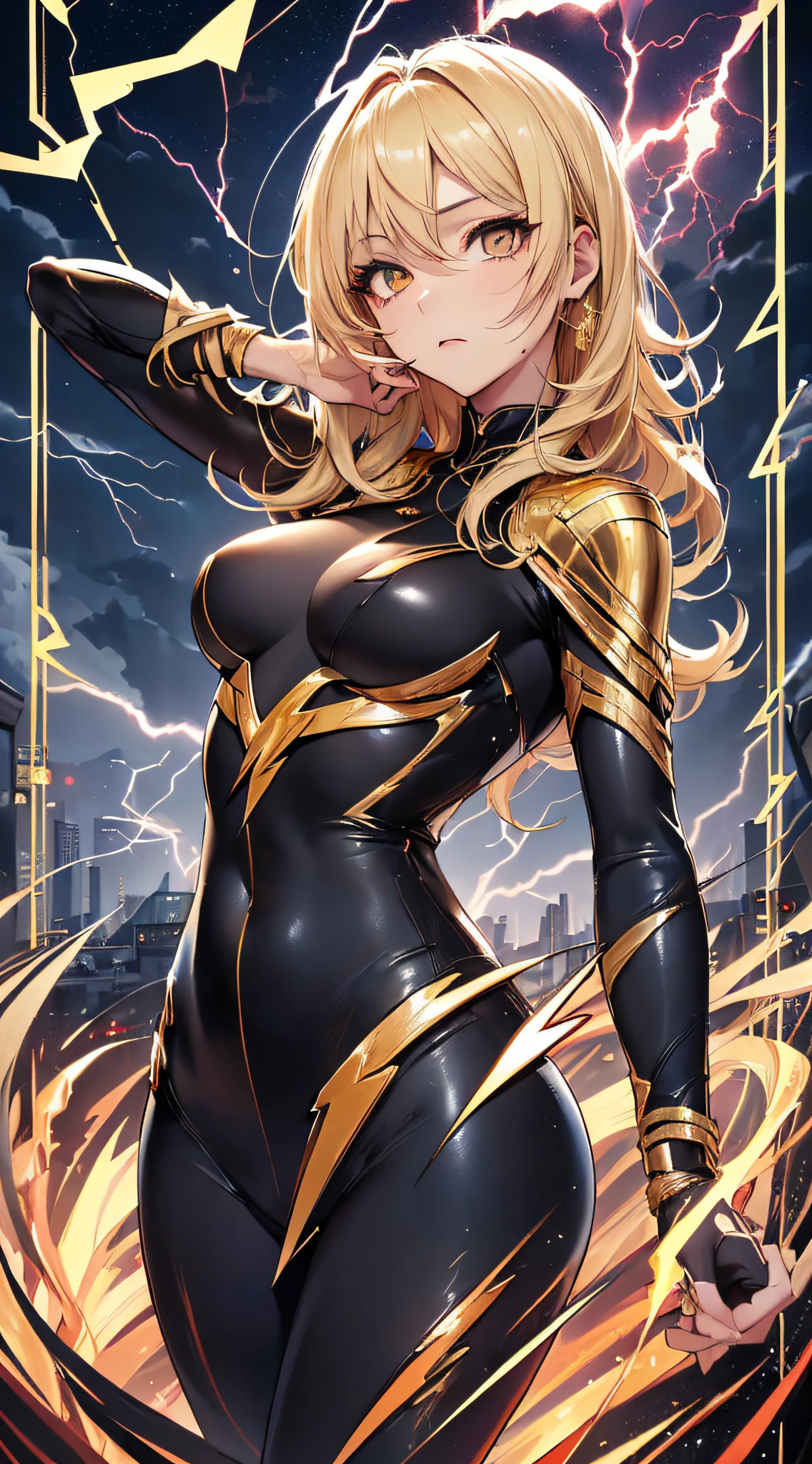 top-quality、Top image quality、​masterpiece、girl with((18year old、Best Bust、big bast、Bust 85,beautiful golden eyes、Breasts wide open,Blonde long hair、A slender、Large valleys、Gold Bodysuit,Reflecting the whole body、Open your arms、Gold ring on wrist、Shoot lightning from your hands、posterior view、Turn around、emphasis on the buttocks)）hiquality、Beautiful Art、Background with((nigh sky、black clouds、lightning bolt、Intense thunder、Thunderbolt、Red thunder、Blue lightning strike、Gold Thunder)))masutepiece、visualart、depth of fields、sky at night