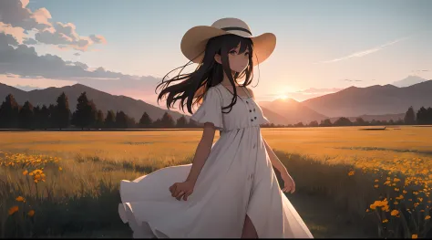 the setting sun，Endless meadows，A girl of one，wears a white dress，Wears a beige hat，sideface