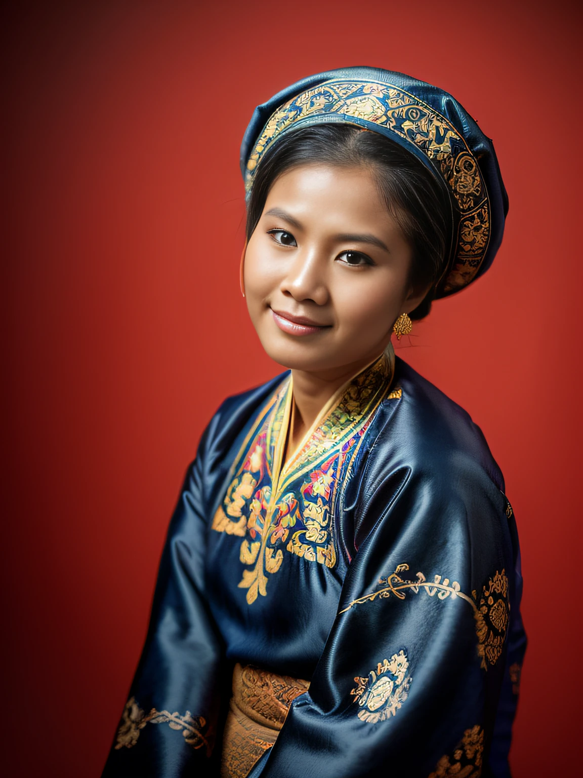 очень реалистичное фото, Портретное фото 30-летней вьетнамской женщины., (Вьетнамский национальный костюм хмонгов, парчовый платок на голову),(волосы в высокий пучок),((Темно-синий фон)), Фотография сделана Kodak в 1975 году..