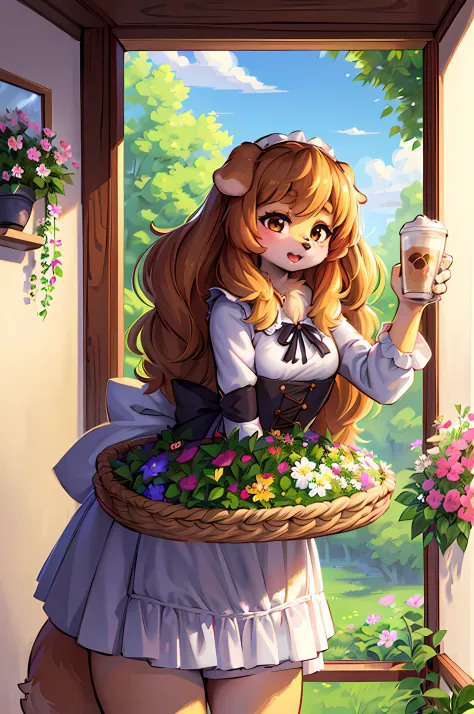 Furry,Dog girl,Masterpiece,Best quality,Masterpiece,Best quality,offcial art,Extremely detailed Cg Unity 8K wallpaper,Slightly vintage,RISO print style,illustration,Cute,1girll,Flowers,windowsill,flower pots,Drink coffee,.