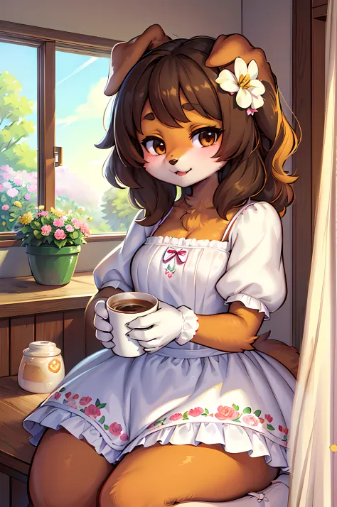 Furry,Dog girl,Masterpiece,Best quality,Masterpiece,Best quality,offcial art,Extremely detailed Cg Unity 8K wallpaper,Slightly vintage,RISO print style,illustration,Cute,1girll,Flowers,windowsill,flower pots,Drink coffee,.