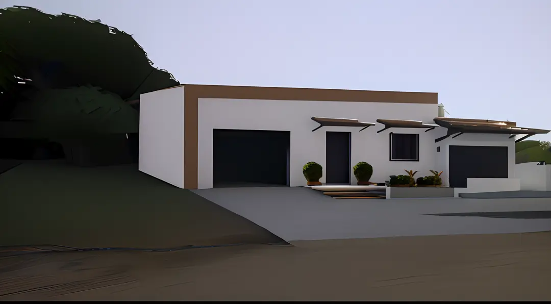 There is a small white house with a brown roof and a black door, Final 3D rendering, 3d final render, renderizar 3 d, em estilo de realismo simplificado, semi-realistic rendering, 3d final render, 2 d render, finalrender, vue 3d render, 3D-rendering, 3D-re...