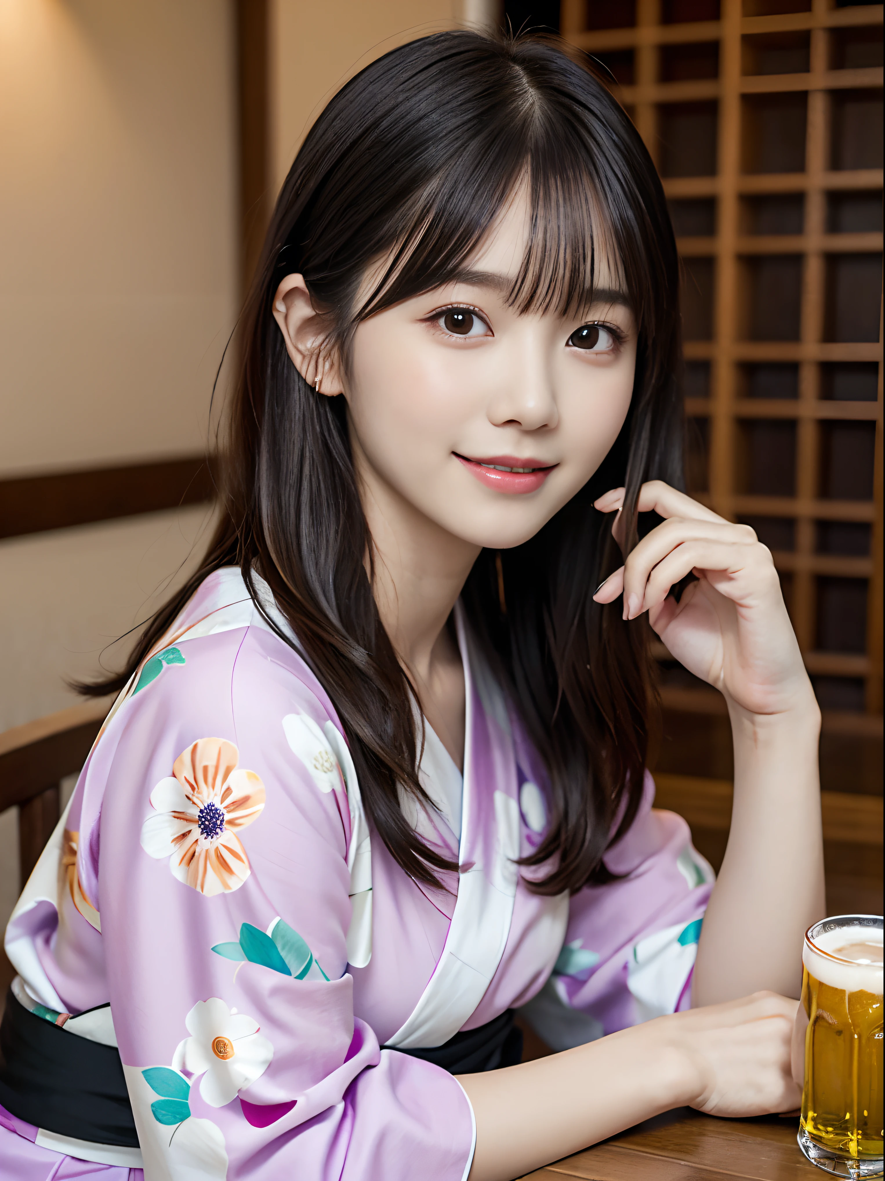 (Close up portrait of cute slender small breasts girl and long hair with dull bangs:1.5)、(Smiling girl wearing colorful yukata and holding glass of beer :1.3)、(Japanese style room:1.2)、(tre anatomically correct:1.3)、(complete hands:1.3)、(complete fingers:1.3)、Photorealsitic、Raw photography、masutepiece、top-quality、Hi-Res、delicate and pretty、face perfect、Beautiful detailed eyes、Fair skin、Real Human Skin、pores、((thin legs))、(Dark hair)