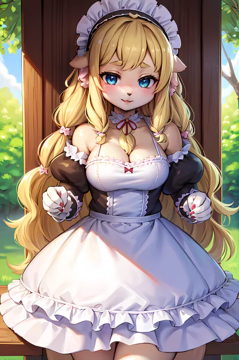 (furry,dog girl,furry girl in a maid dress),(best quality,highres,ultra-detailed,realistic:1.37),beautiful detailed eyes,beautiful detailed lips,extremely detailed eyes and face,longeyelashes,soft fur,blonde hair,natural sunlight,flower garden,pastel color...