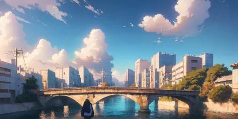 anime scene of people standing on a bridge over a river, tokyo anime scene, japanese city, japanese art style, inspired by Makoto Shinkai, style of makoto shinkai, beautiful anime scene, makoto shinkai cyril rolando, in style of makoto shinkai, urban conce...