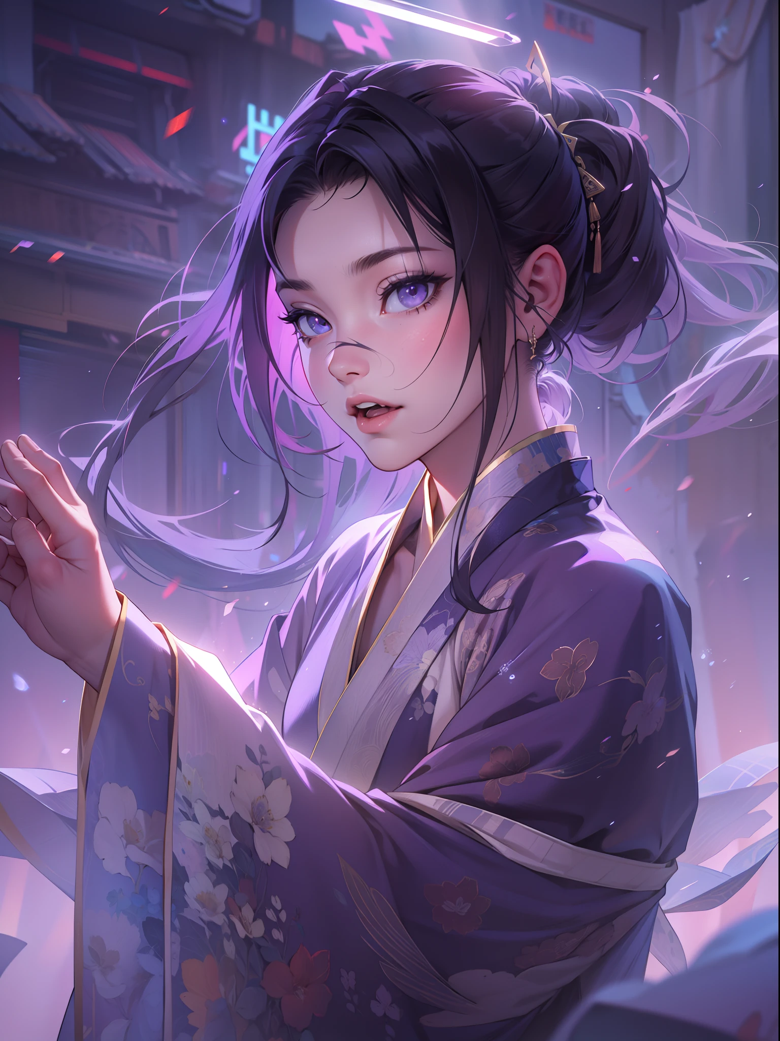 A handsome Chinese girl, sharp eyes, clear facial features, wearing Hanfu, combat posture, martial arts movements, body surrounded by purple mist, runes around, holographic reality, holographic halo, motion blur, game light effects, edge light, soft light, movie edge light, delicate light, masterpiece, super detailed, epic composition, super HD, high quality, highest quality, 32k