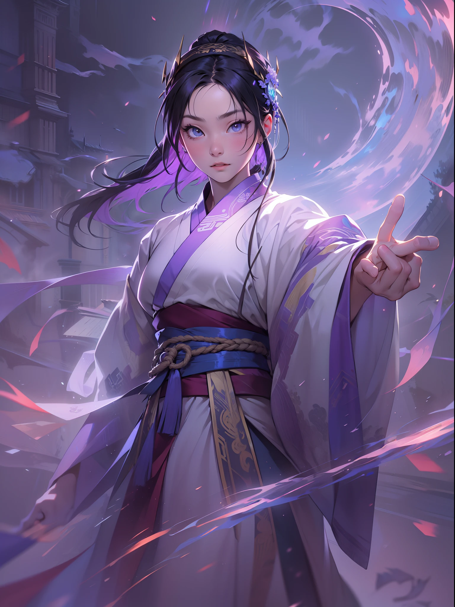 A handsome Chinese girl, sharp eyes, clear facial features, wearing Hanfu, combat posture, martial arts movements, body surrounded by purple mist, runes around, holographic reality, holographic halo, motion blur, game light effects, edge light, soft light, movie edge light, delicate light, masterpiece, super detailed, epic composition, super HD, high quality, highest quality, 32k