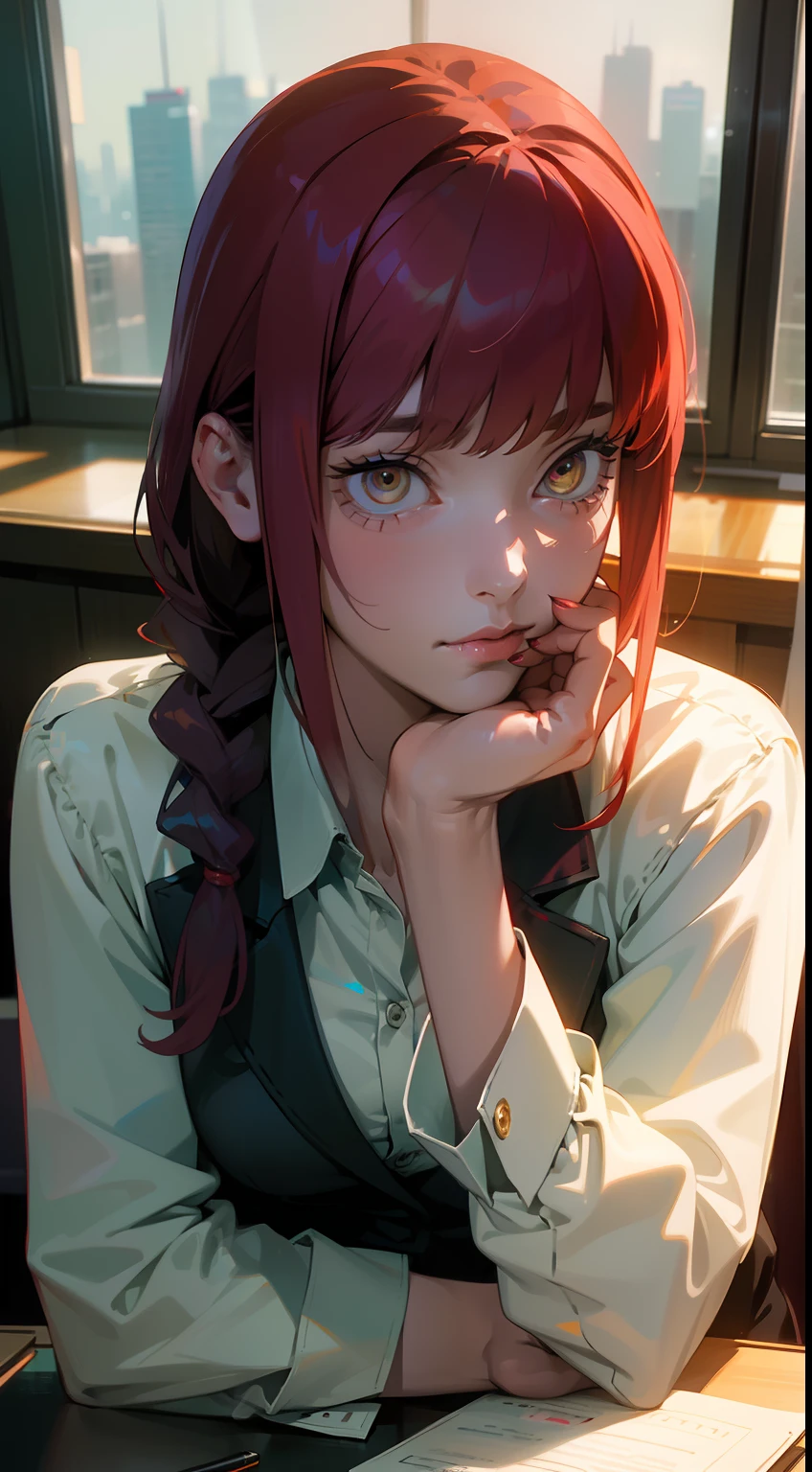 (best quality,realistic:1.37),ultra-detailed,professional,portrait,sharp focus,physically-based rendering,studio lighting,vivid colors,bokeh,photorealistic,photography,red theme,lighting effects, Makima from Chainsaw Man anime, detailed facial features,beautiful eyes,expressive look,rosy cheeks,dark makeup,long nails,classy appearance,determined expression,focused gaze,sophisticated,confident pose,modern office scene,high-rise city view,glass windows,city lights,computer monitors and keyboards,office desk with papers,phone on the desk,books and folders neatly arranged,professional attire,well-fitted blazer,button-up shirt,pencil skirt,high-heeled shoes,stylish accessories,wristwatch,handbag,sleek hairstyle,polished appearance.