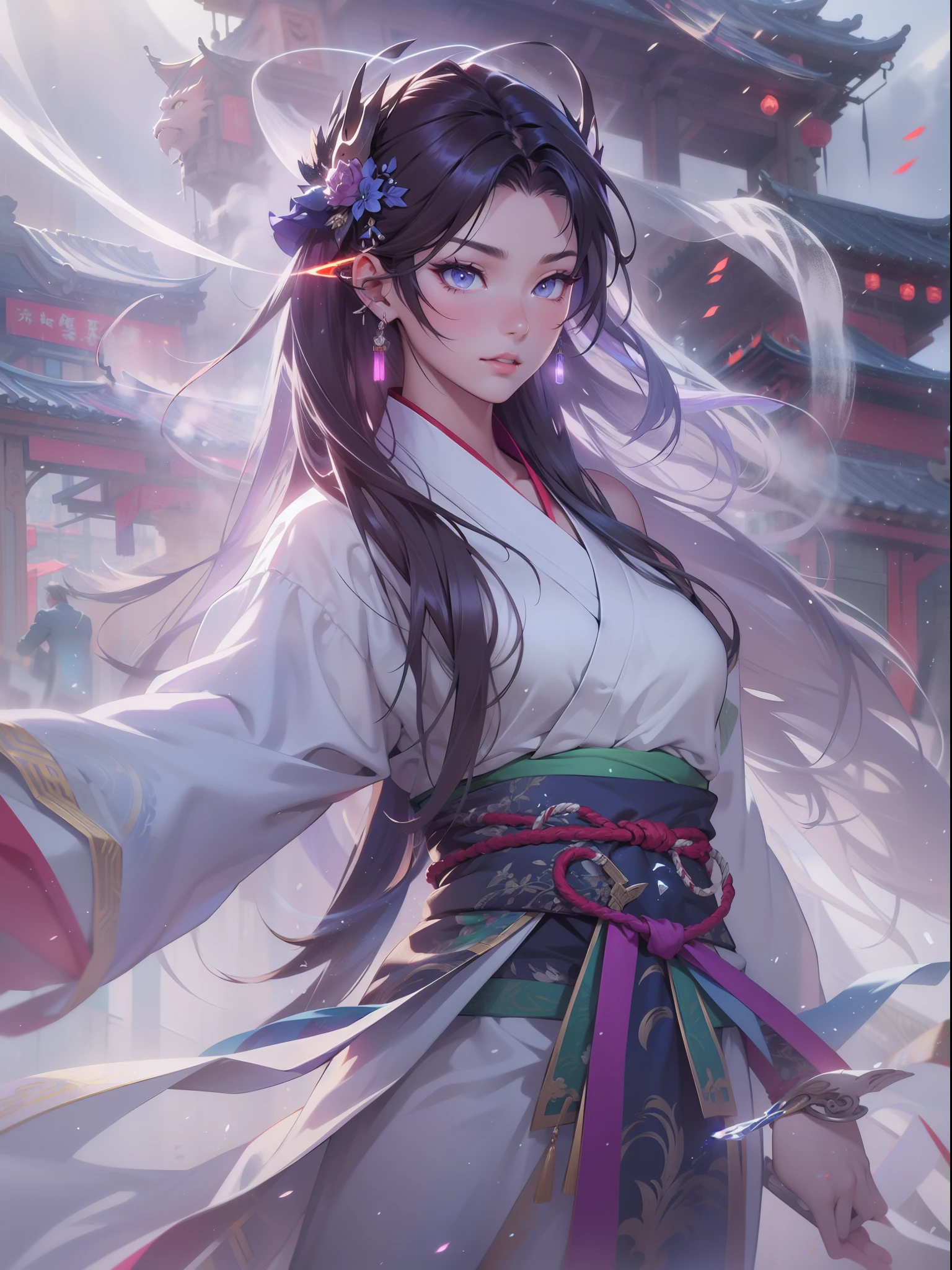 A handsome Chinese girl, sharp eyes, clear facial features, wearing Hanfu, combat posture, martial arts movements, body surrounded by purple mist, runes around, holographic reality, holographic halo, motion blur, game light effects, edge light, soft light, movie edge light, delicate light, masterpiece, super detailed, epic composition, super HD, high quality, highest quality, 32k