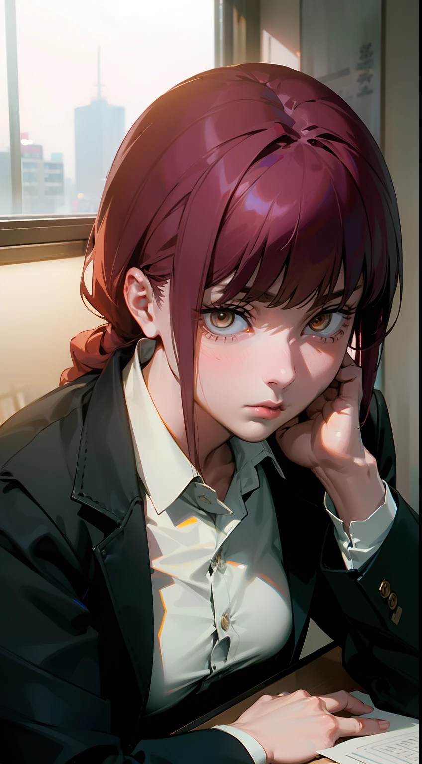 (best quality,realistic:1.37),ultra-detailed,professional,portrait,sharp focus,physically-based rendering,studio lighting,vivid colors,bokeh,photorealistic,photography,red theme,lighting effects, Makima from Chainsaw Man anime, detailed facial features,beautiful eyes,expressive look,rosy cheeks,dark makeup,long nails,classy appearance,determined expression,focused gaze,sophisticated,confident pose,modern office scene,high-rise city view,glass windows,city lights,computer monitors and keyboards,office desk with papers,phone on the desk,books and folders neatly arranged,professional attire,well-fitted blazer,button-up shirt,pencil skirt,high-heeled shoes,stylish accessories,wristwatch,handbag,sleek hairstyle,polished appearance.