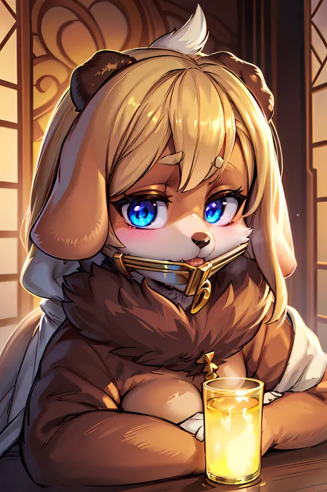 Furry,Dog girl,Light shades(Fantasy sister, Gold decorative robe, Dedication prayers, chies)Super fine illustration(colored glass, Volumetric lighting backlight Good illumination, colorful refraction)Depth of field(Highly detailed beautiful face and eyes)(...