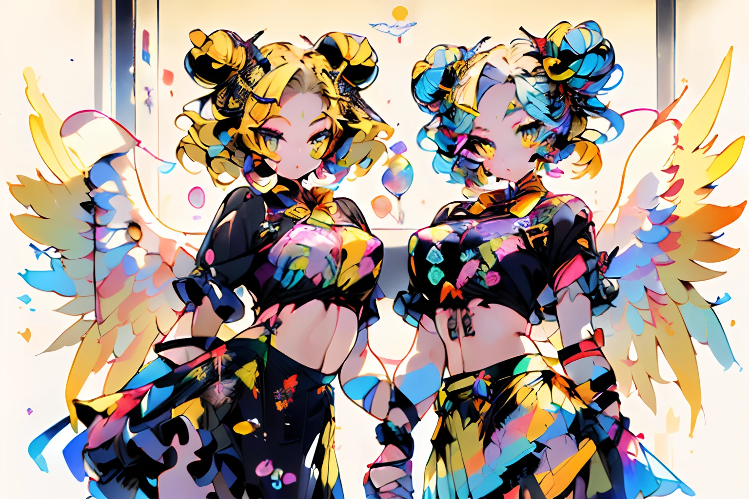 (masutepiece) ((Kaleidoscope)) ((Harmonious)) (ultra-quality) (very exquisite) (Professional Balance) (absurderes) (Wide Shot) (One woman) ((Upper body)) ((fullllbody)) ((G Cup Breasts)) (Fine-grained body lines) ((realisitic:0.75)) (zettai ryouiki) (Hi-Res Textures) (Clearly draw the shape of the nose) ((Exposure 1:0.25)) (((Shiny skin))) (x hair ornament) (Ornament Heart(Bracelet、choker、ear ornament) (((((Beautiful little bun hair in yellow color))))) (Wave hair) ((((faithfully、Depiction of correct finger alignment)))) ((((faithfully、Depiction of the correct hand)))) (It clearly depicts the reflection of small white light in the pupil, which adds depth to the pupil) (((top-quality、Elegant yellow detail eyes))) (((Ultra Definition Masterpiece Highest Quality:1.2 4DCG high quality))) (Highly detailed face and eyes) (24-year-old woman) (Model body type) (Slender and long legs) (A slender) (mascara) (eyeshadows) (eye liner) (Glossy lipstick) (lip stick) (((((Rainbow × Angel Ribbon× Micro Micro Bikini × Ruffles))))) (((((Boob Pudding G Cup))))) (Photorealsitic) (8K Character Concept) (((32K HD image quality...)) (conputer graphics) (angelicales、pastelle、Feather 1:1.5) (((((Uniform Skirt Mini))))) (Freedom of movement、evolve) (((Add charms to the background))) ((((angelicales)))) ((((Angel's Big Wings 1:1))) ((((Background school hallway))))) (((crosswind))) (((panchira))) (((Skirt that holds down by hand))) (crosswind) (Flip-up) (((Marilyn Monroe))),nardack,,extended downblouse, large breasts, shirt, nsfw,, more prism, vibrant color,