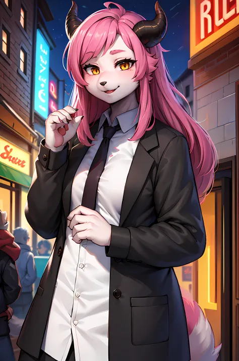 Furry,Dog girl, Long pink hair, Red horns, White collared shirt, black necktie, Light smile, Yellow eyes, cornea_power,, Buildings,Shops,Town streets, Dark sky, scenery,Neon signs,Night City,Detailed eyes, Extremely detailed, voluminetric lighting, Realist...