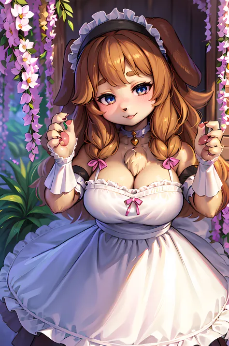 (Furry,Dog girl,Hairy girl in maid costume),(Best quality,A high resolution,Ultra-detailed,Realistic:1.37),Beautiful detailed eyes,beautiful detailed lips,Extremely detailed eyes and face,long eyelasher,with its soft fur,Blonde hair,Natural sunlight,Flower...