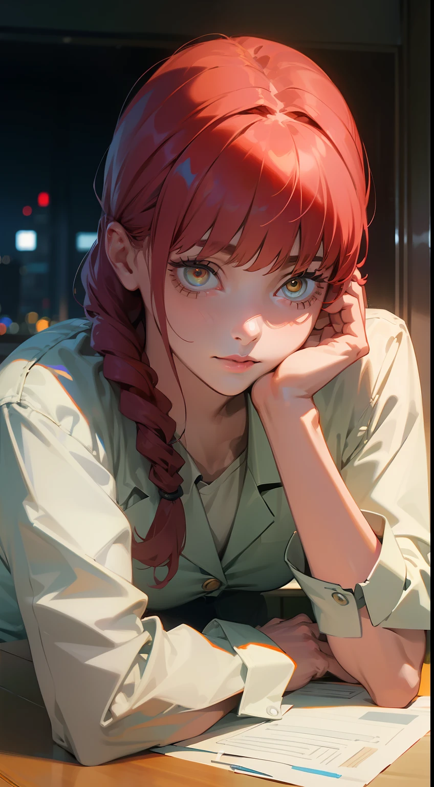 (best quality,realistic:1.37),ultra-detailed,professional,portrait,sharp focus,physically-based rendering,studio lighting,vivid colors,bokeh,photorealistic,photography,red theme,lighting effects, Makima from Chainsaw Man anime, detailed facial features,beautiful eyes,expressive look,rosy cheeks,dark makeup,long nails,classy appearance,happy expression, seductive pose,modern office scene,high-rise city view,glass windows,city lights,computer monitors and keyboards,office desk with papers,phone on the desk,books and folders neatly arranged,professional attire,well-fitted blazer,button-up shirt,pencil skirt,high-heeled shoes,stylish accessories,wristwatch,handbag,sleek hairstyle,polished appearance.