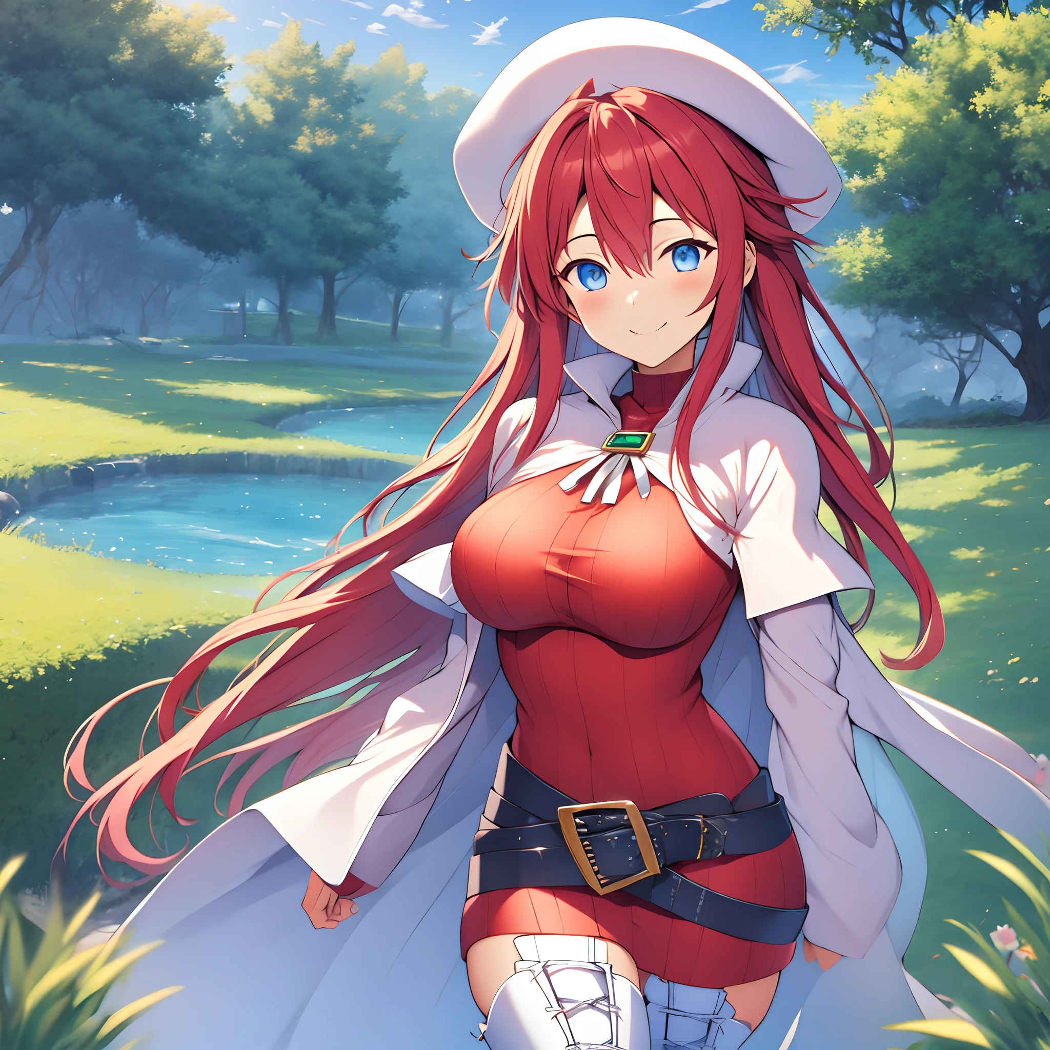 masterpiece,high quality,game_cg,4k,1 girl,solo,aty, long hair, blue eyes, red hair,long hair, thighhighs, hat, dress, boots, belt, cape, sweater, zettai ryouiki, beret, thigh boots, white footwear, ribbed sweater, loose belt,a smile、grass field、Bruise Pose、winc、pretty pose、big breasts、Embarrassed face