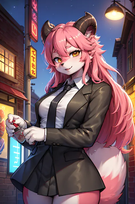 Furry,Dog girl, Long pink hair, Red horns, White collared shirt, black necktie, Light smile, Yellow eyes, cornea_power,, Buildin...