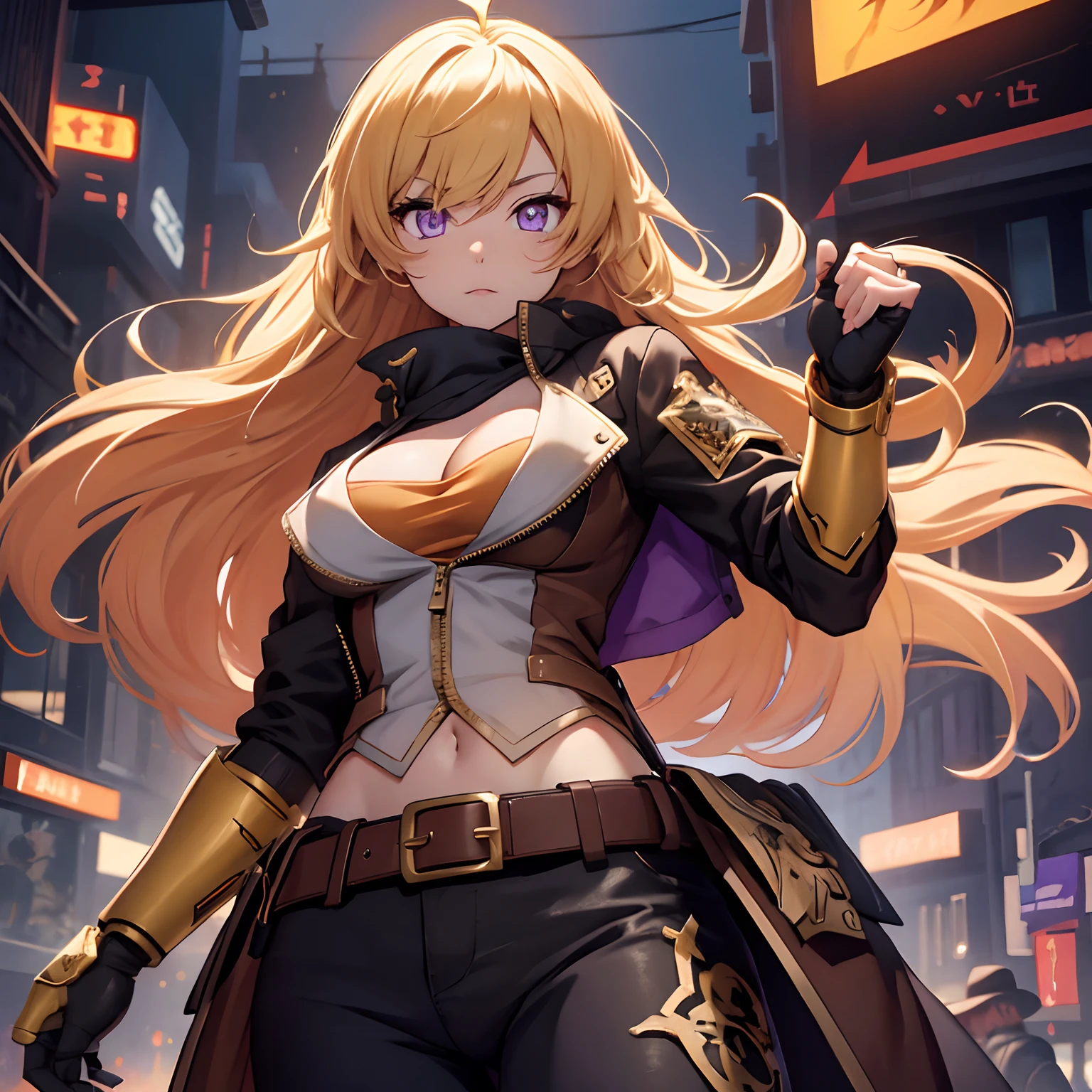 Yang Xiaolong, Yang Xiaolong, lange Haare, Blondes Haar, (lila Augen:1.1), ahoge, Bangs,Spaltung brechen, Jacke, Belt bag, mechanische Arme, einzelner mechanischer Arm, Prothese, Die linke Hand ist eine Prothese,brechen outdoors,brechen looking at viewer, (Cowboy-Schuss:1.5),brechen (Tischplatte:1.2), beste Qualität, Hohe Auflösung, Unity 8k-Hintergrundbild, (Illustration:0.8), (Schöne, detaillierte Augen:1.6), besonders detailliertes Gesicht, Perfekte Beleuchtung, extrem detaillierte CG, (perfekte Hände, Perfekte Anatomie),lange Hosen