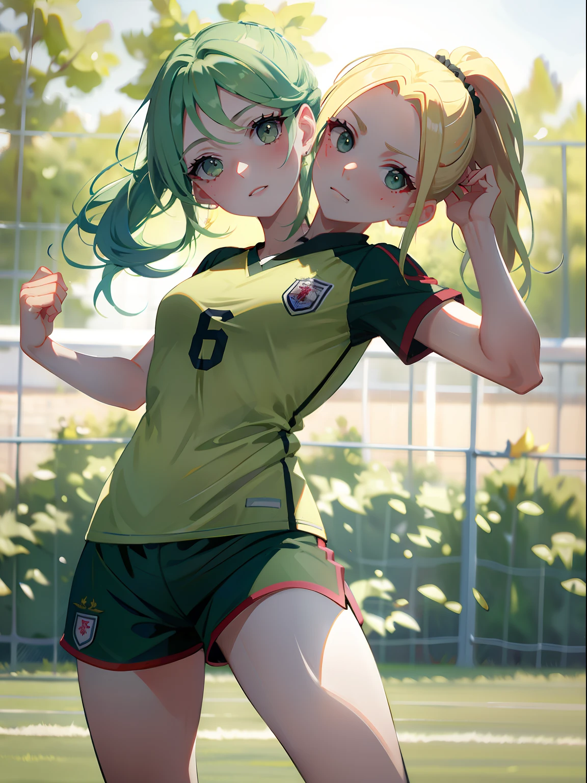 (masterpiece, best quality), best resolution, (2heads:1.5), 1girl, weary, headache, hangover, in pain, dizzy, blond hair, different-coloured hair, ponytail, green eyes, focused, soccer uniform, playing soccer, soccer field, day