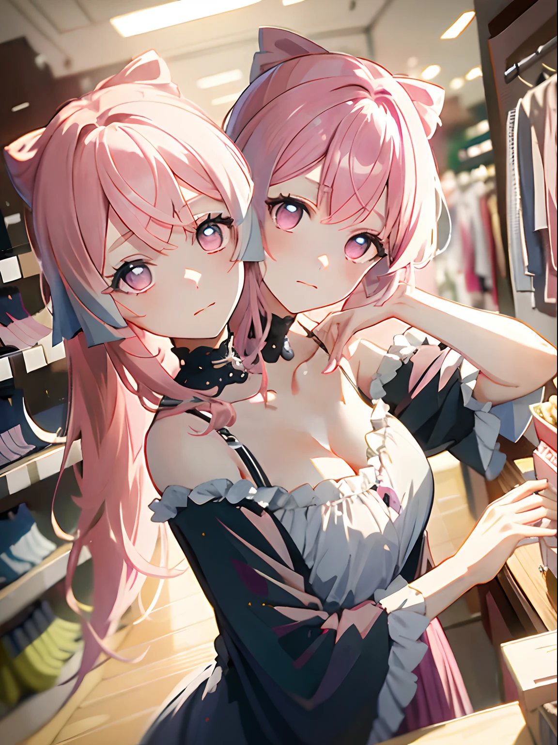 (masterpiece, best quality), best resolution, (2heads:1.5), 1girl, sagonomiya kokomi character, pink hair, pink eyes, different facial expressions, contemplative, trying to decide what to buy, shirt racks, clothes store