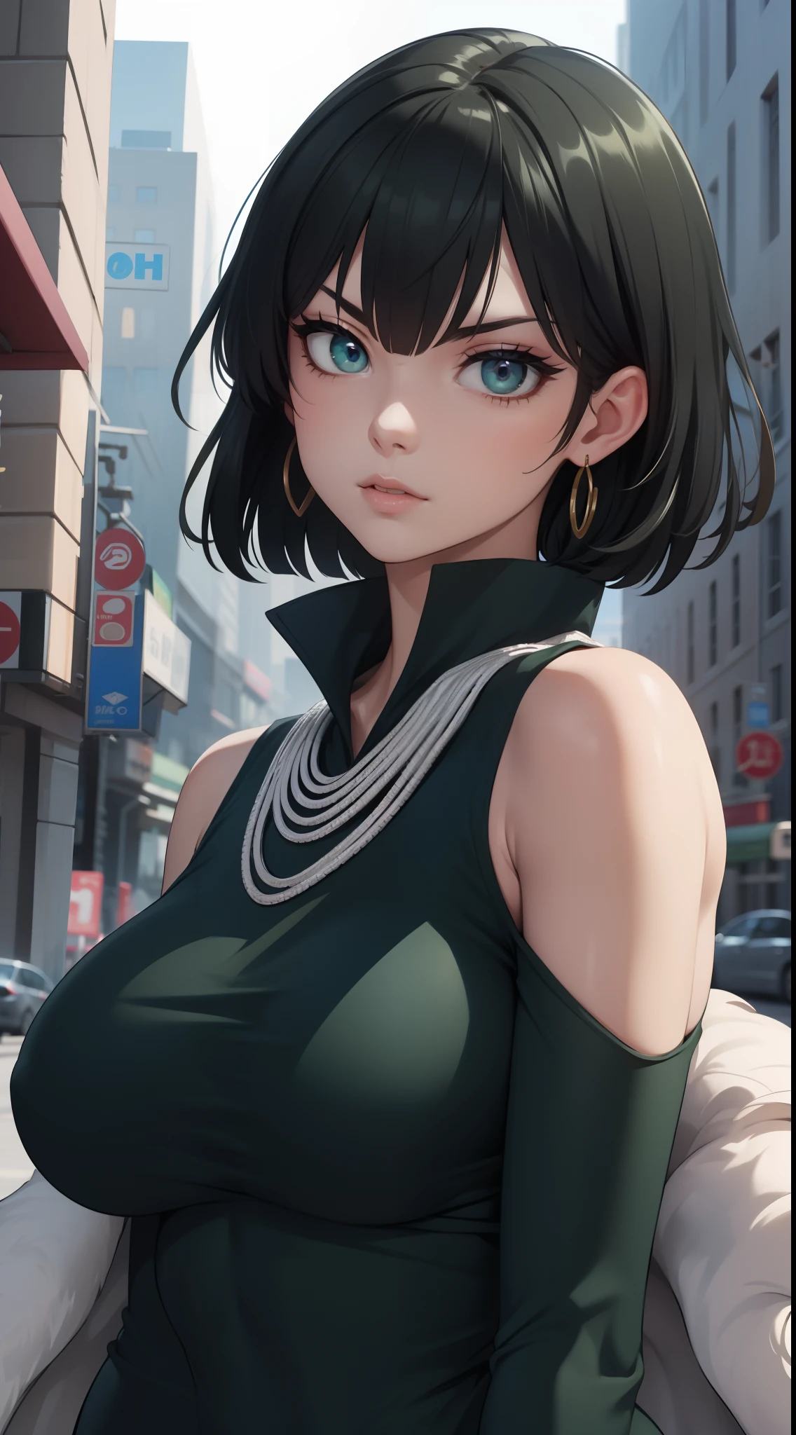 fubuki, fubuki, Black hair, (Green eyes:1.2), （Off-the-shoulder attire:1.5)Short hair,Large breasts，（cleavage:1.2)，
BREAK black dress, dress, Fur coat, High collar, jewelry, necklace, cropped shoulders, tight fit clothes, tightly dress,,
BREAK outdoors, City,
BREAK looking at viewer, Break (Masterpiece:1.2), Best quality, high resolution, Unity 8k wallpaper, (illustration:0.8), (Beautiful detailed eyes:1.6), Extremely detailed face, Perfect lighting, Extremely detailed CG, (Perfect hands, Perfect anatomy),