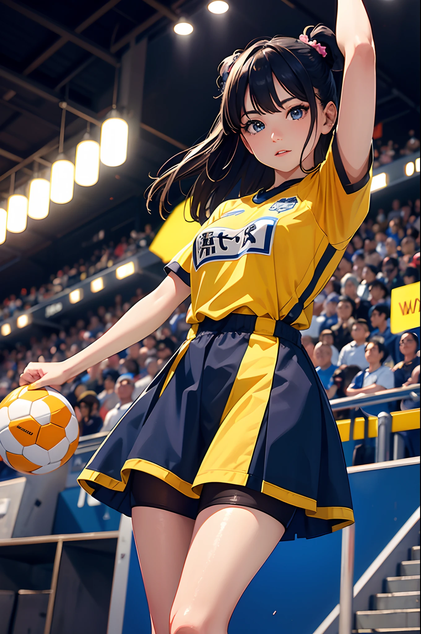 A girl standing in a crowded soccer stadium, beautiful detailed eyes, and face, wearing a trendy outfit, cheering for the teams, surrounded by enthusiastic fans. The stadium is filled with vibrant colors and sharp focus, creating an energetic atmosphere. The lighting is professionally set with studio lighting to highlight the action happening on the field. The artwork has a high resolution of 4k or 8k, ensuring the best quality and ultra-detailed results. The image is drawn in a realistic or photorealistic style, capturing every small detail with extreme precision. The colors are vivid, with a touch of HDR effect, making the image visually appealing. The prompt may include additional details like the soccer players, the scene from a specific match, or the stadium's architecture, enhancing the overall composition.