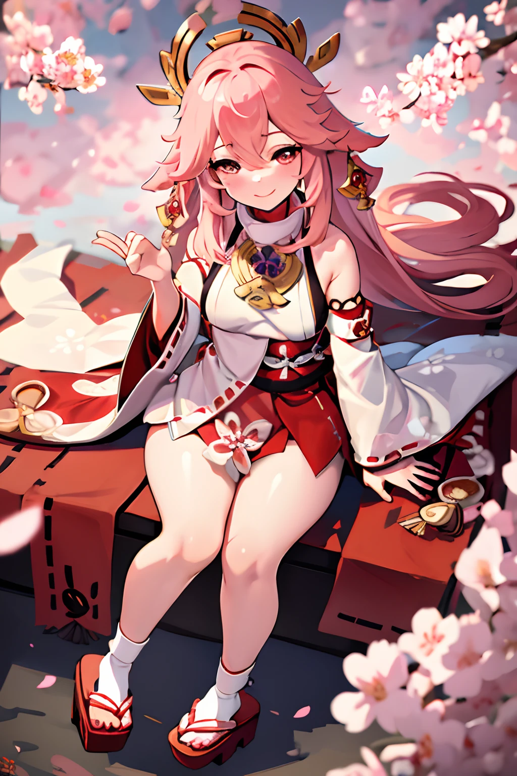 masterpiece, best quality, highres, 1girl, red and white kimono with intricate patterns, white sash, long sleeves, wooden geta sandals, white tabi socks, long jet-black hair with a white ribbon or decorative accessory, fair complexion, captivating and expressive eyes, and a serene, tranquil aura, yae miko, loli, sakura tree, sakura petals, catching sakura petal on hand, smiling, looking up, sunny day,