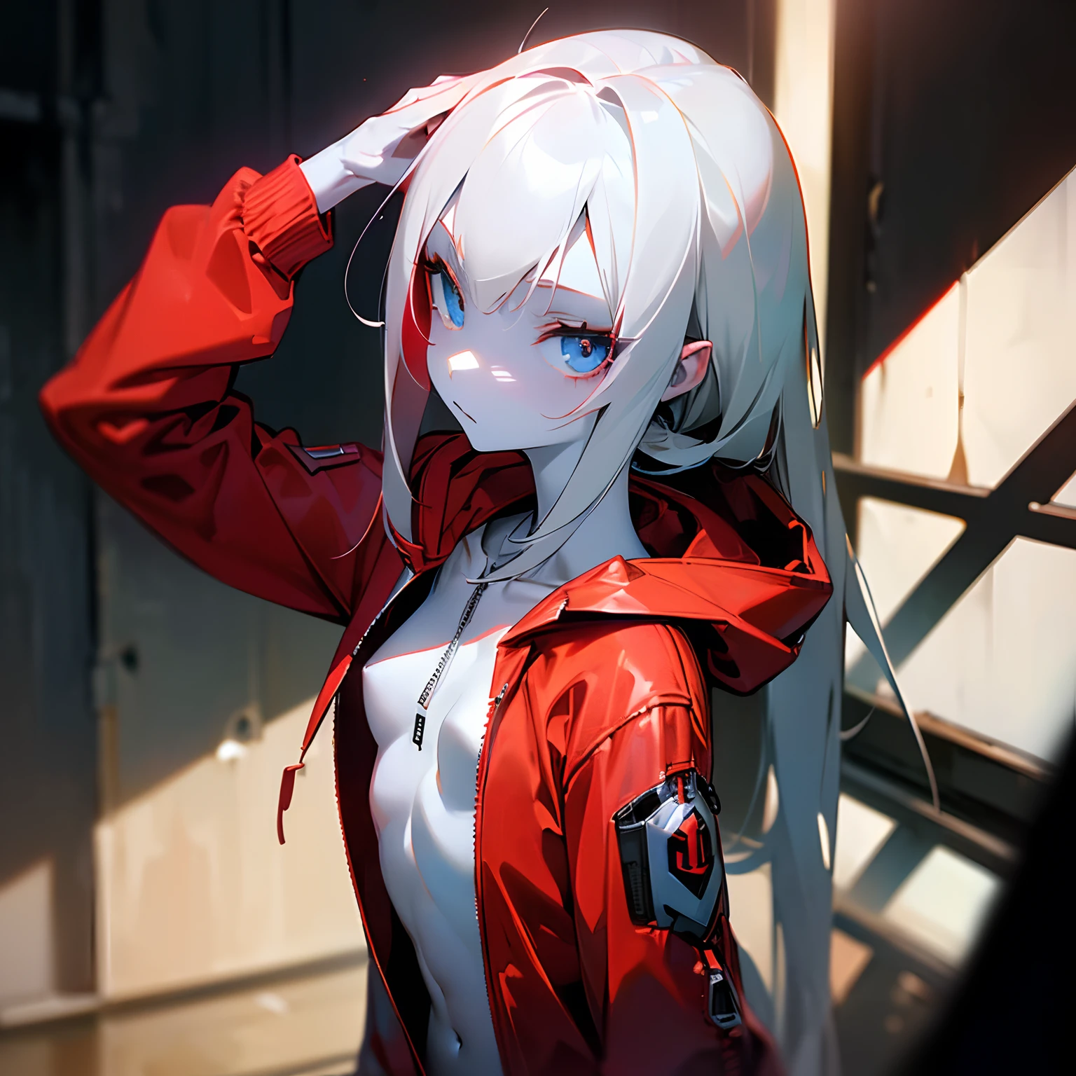 ((Masterpiece, upper body, solo, portrait, static pose, dark lighting)), loli anime girl, ((slim body, small breasts, red hoodie jacket, zip up jacket, white skin, pale skin)), black hair, straight hair, long hair, blue eyes, indoors, abandoned building, deep shadows