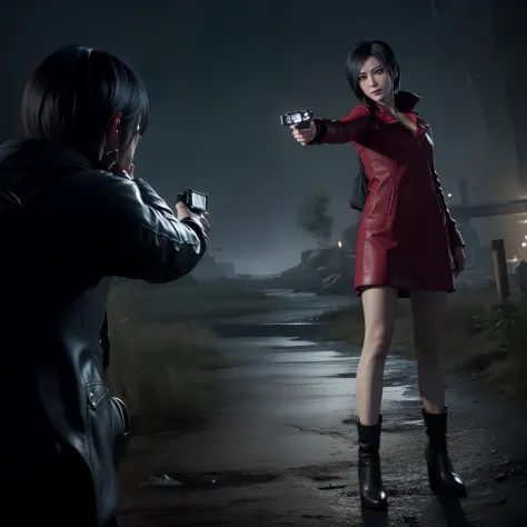 4K, HD, ((ada wong 40 years old)), beautiful face, glare, bob hair, perfect Face, black jeans, red short coat, black nail polish...