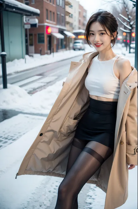 best quality, 4k, 8k, Detailed faces, clear face, pretty girls, Korean makeup, Red lips, laugh, perfect body,shoulder length straight short hair,small breasts,thigh,slim,thin, The girl wears a long and wide coat, Underneath the jacket was a toptube and pantyhose, lower abdomen, Snowscape, winter, street,