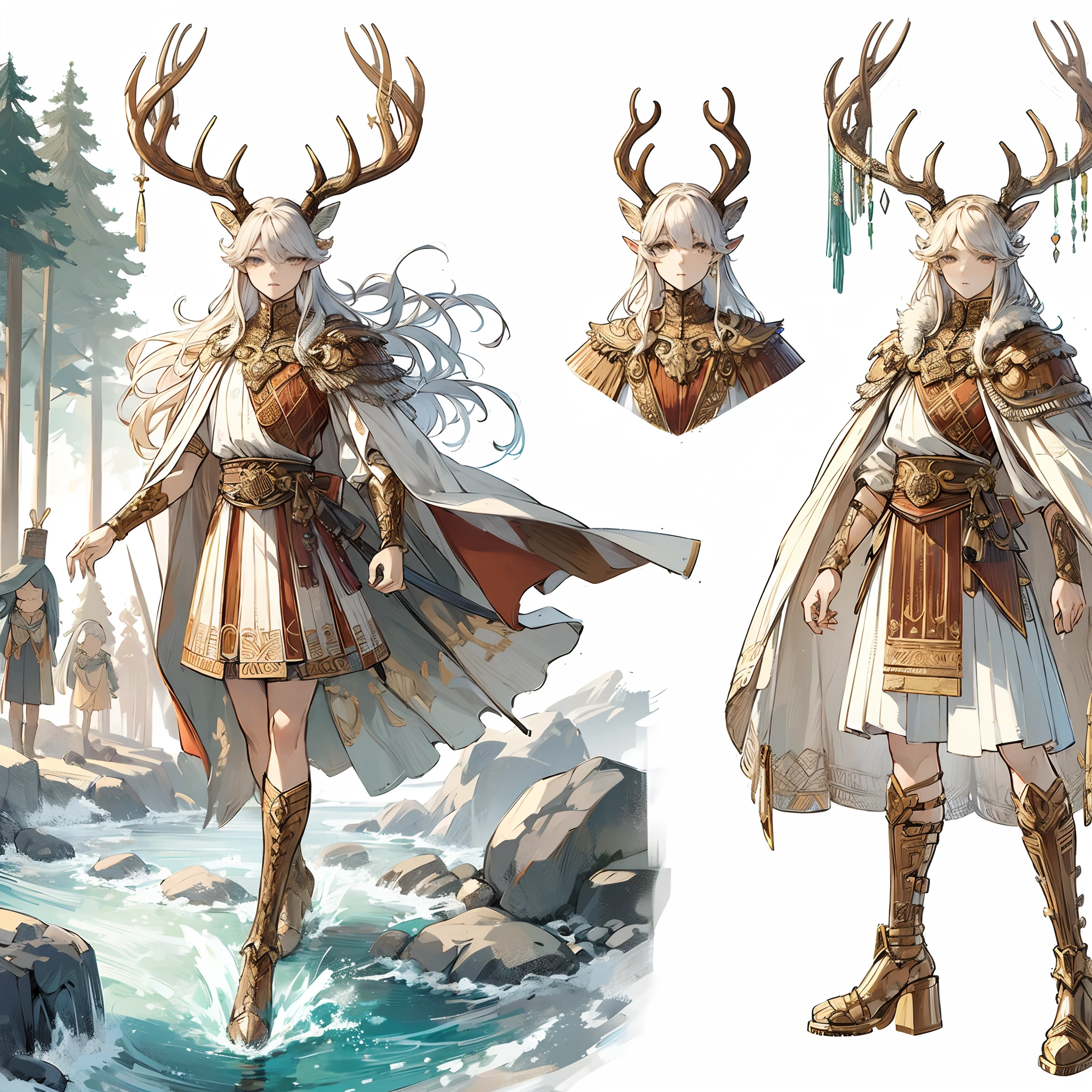 (masutepiece, Best Quality), (Perfect athlete body:1.2), (detailed hairs), Ultra-detailed, Anime style, Full body, Solo, Androgynous figure with stag horns growing from his head, Dressed in the style of ancient Roman tribes, Standing by the creek, Beautiful and terrible, high heels boots, Digital Painting, 8K High Resolution, trend artstation, White background, Whole body,