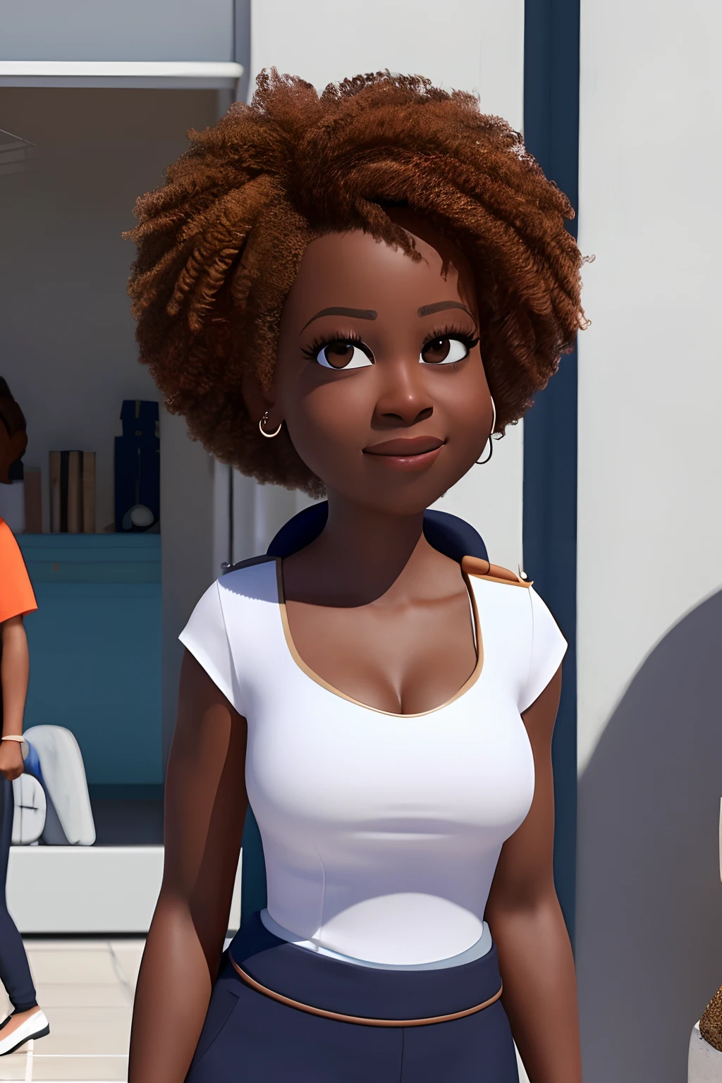 Crea una representación visual de una mujer negra de 30 años. (Viola Davis) con ojos negros y una mirada y una sonrisa vibrantes. tu cara es redonda, con labios ovalados y ojos almendrados. Tiene el pelo afro rojo rizado., abreviado y moderno. La mujer viste una camiseta blanca y un chaleco azul marino con cremallera encima.. Como director de escuela, La imagen debe capturar no solo tu fuerza y confianza., pero también su autoridad y dedicación a la educación.. Desarrolla este arte en Full HD, Plano medio, Estilo de animaciones de Disney Pixar., renderizado 3d. Su look es una camiseta naranja de manga corta., blusa con cuello en V. La blusa debe tener un elegante plisado en la parte delantera para darle un toque sofisticado al look..  La textura de la blusa de seda debe ser suave y lujosa., Asegúrate de que el nuevo atuendo transmita una imagen de profesionalidad y elegancia..