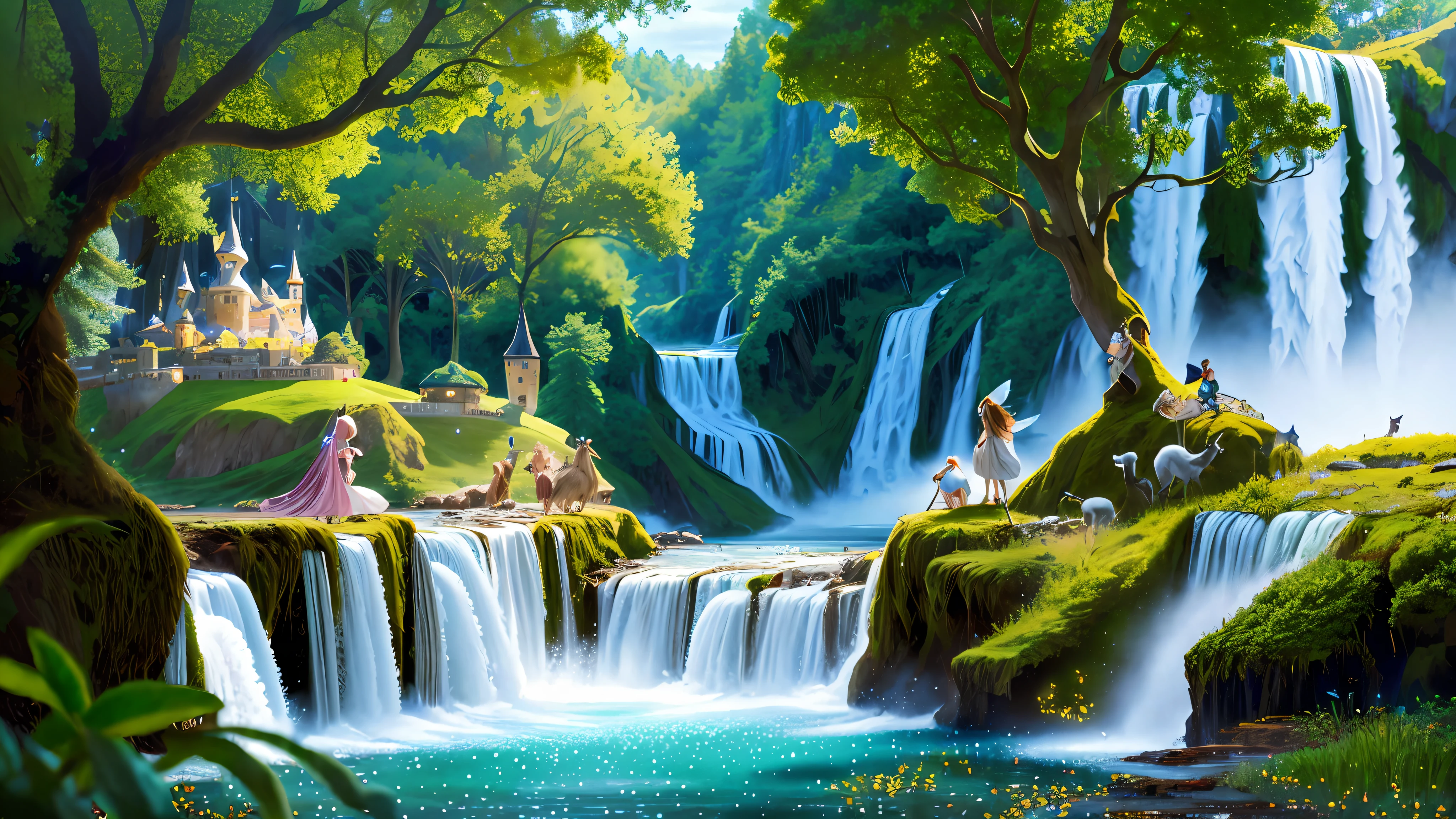 (fairy tale world), castles, floating island waterfalls, all kinds of magical creatures. Beautiful fairies, knights, elves, dwarfs. Mysterious forests, enchanted castles, fabulous kingdoms. Realism, chiaroscuro, cinematic lighting, 135mm, panorama, best quality, high details, UHD, masterpiece