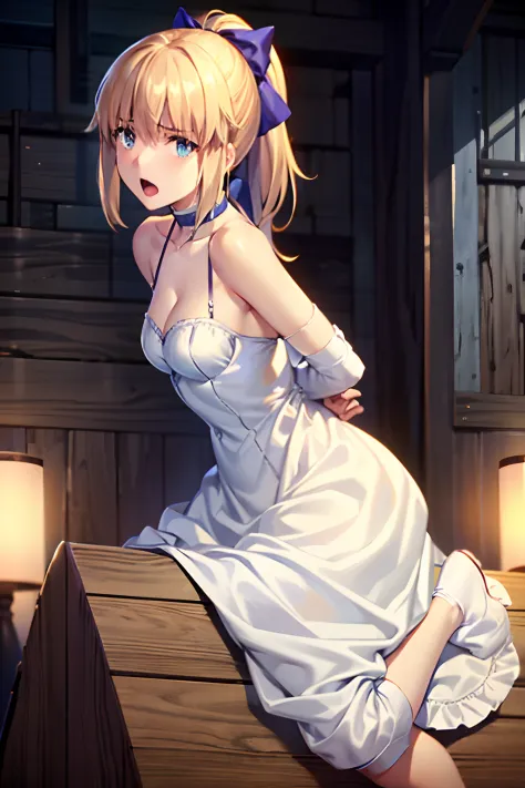 Best Quality, masutepiece,Saber, Faltria, 1girl in, gloves, elbow groves, Choker, White Dress, official alternate costume, breasts, 鎖骨, Ponytail, White Gloves, cleavage, straplessdress, Bow, Bare shoulders, Short hair, parody, Blue choker, Hair Bow, Blue R...