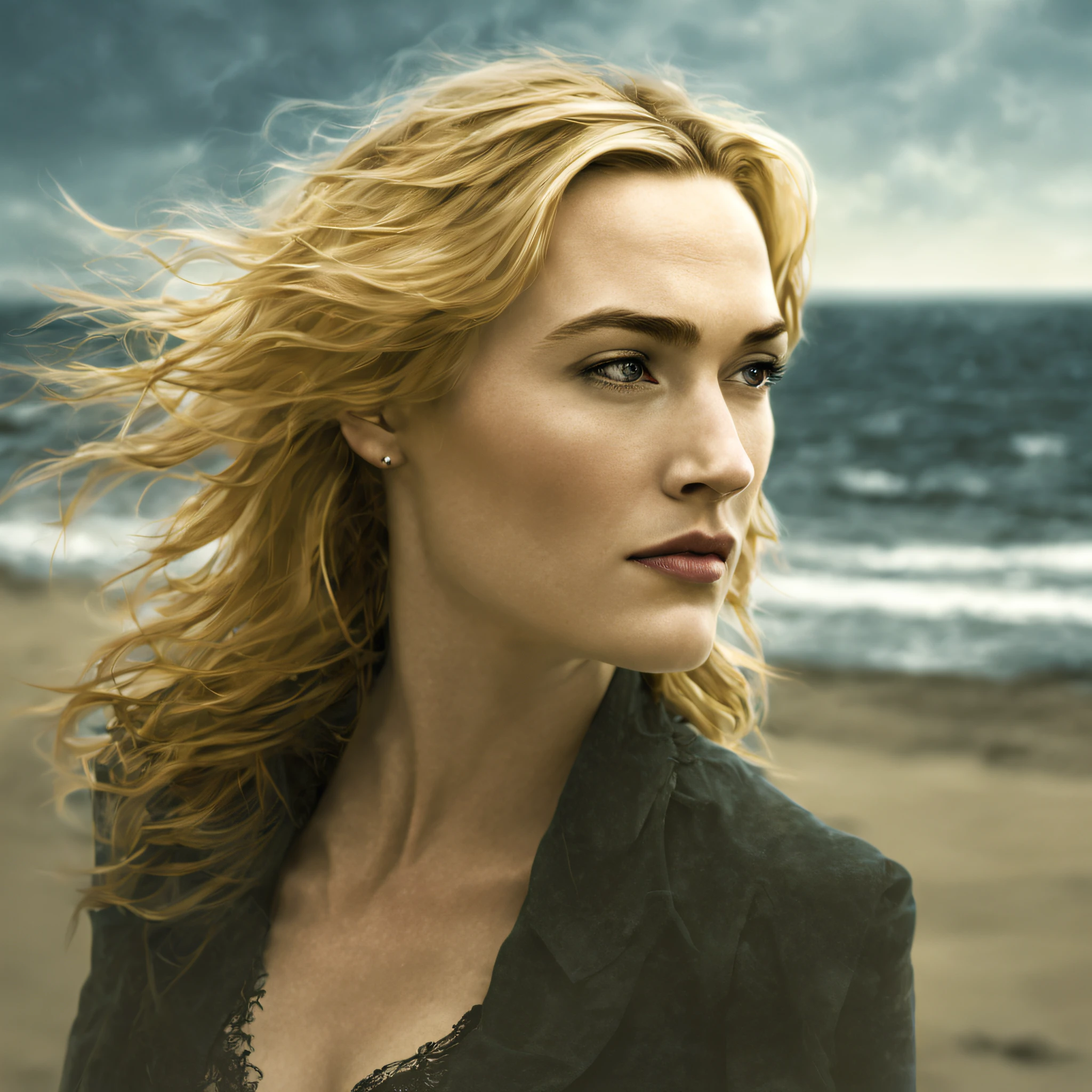 KateWinslet,art by Peter Holme III, portrait, dense beach,close up of a Stressed Capricious Futuristic Girl, Tailor, at Bristol, [mountains|flora], Westernpunk, Side lighting, Mono Color