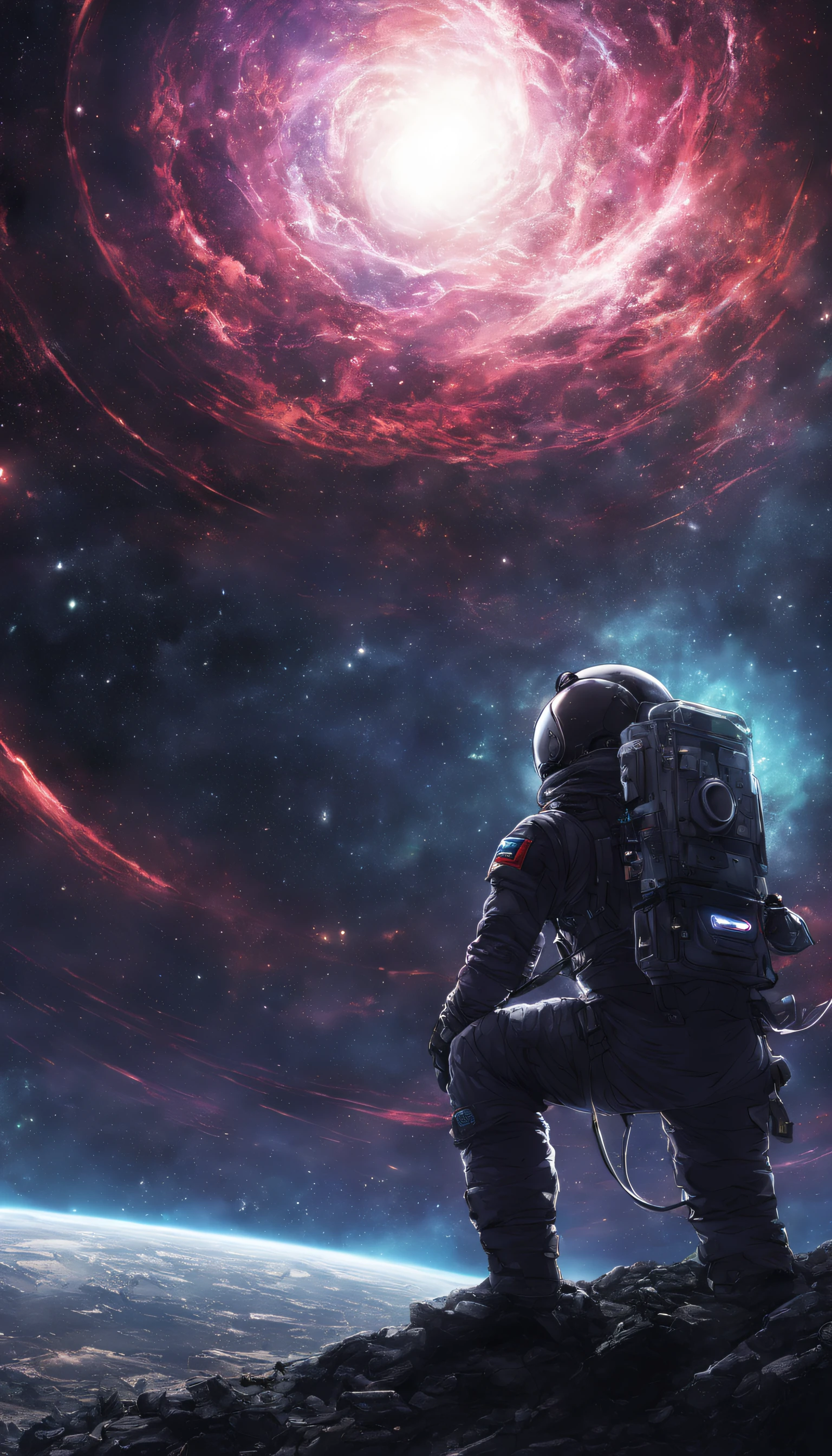 Anime-Kunstwerk, ein Astronaut, der zu einem schwarzen Loch blickt, Anime-Stil, Leitbild, beschwingt, Anime-Studio, sehr detailliert, ein mysteriöses Bild, magisch,Fantasie, Kosmisch, dunkel,