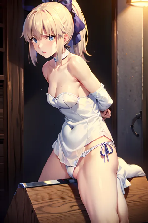 Best Quality, masutepiece,(Perfect hands, Perfect feet,Perfect Anatomy),Saber, Faltria, 1girl in, gloves, elbow groves, Choker, White Dress, official alternate costume, breasts, 鎖骨, Ponytail, White Gloves, cleavage, straplessdress, Bow, Bare shoulders, Sho...