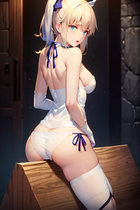Best Quality, masutepiece,(Perfect hands, Perfect feet,Perfect Anatomy),Saber, Faltria, 1girl in, gloves, elbow groves, Choker, White Dress, official alternate costume, breasts, 鎖骨, Ponytail, White Gloves, cleavage, straplessdress, Bow, Bare shoulders, Sho...