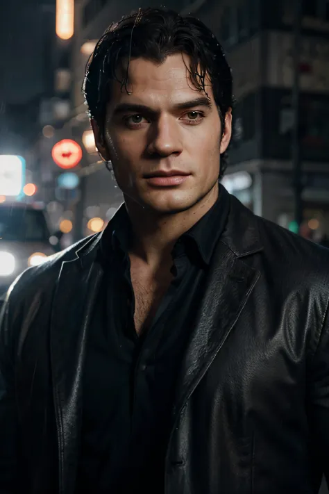 Henry Cavill, portrait, front view, detective in the rain